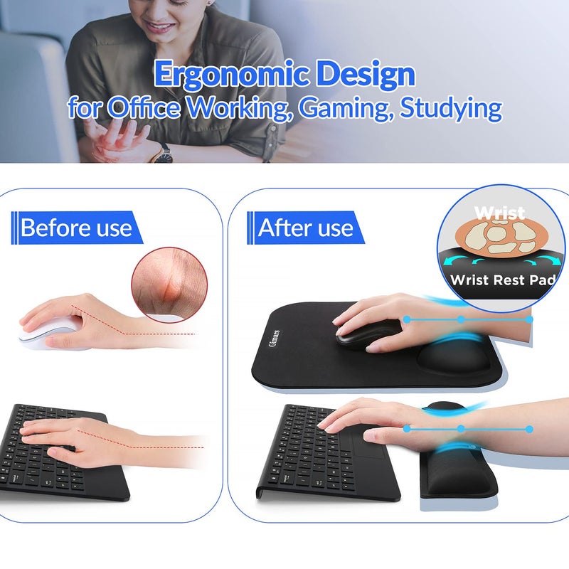 Gimars Elongate Smooth Lycra Fabric Ergonomic Mouse Pad Wrist Support, Gel Memory Foam Cushion Set Keyboard Wrist Rest Support, Pain Relieve for Computer, Laptop, Office, School, Home, Gaming, Black - Image 3